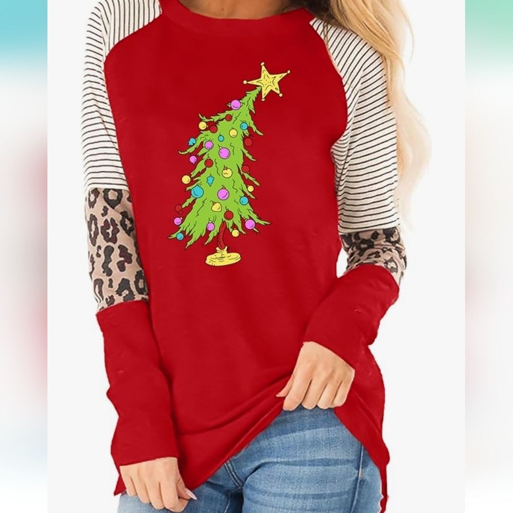Womens Merry and Bright Leopard Tree Print Holiday Graphic T-Shirt - NWOT